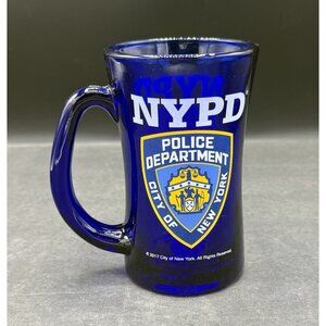 NYPD New York City Police Department Collectible Clear Blue Glass Coffee Mug Cup